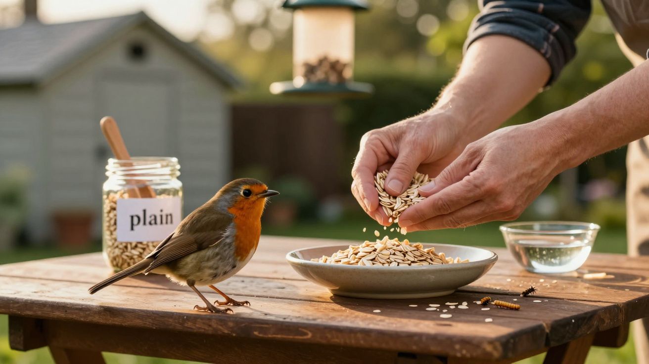 Hombre alimentando un petirrojo con semillas en un jardín, con un frasco de alimento y un comedero colgante al fondo.
