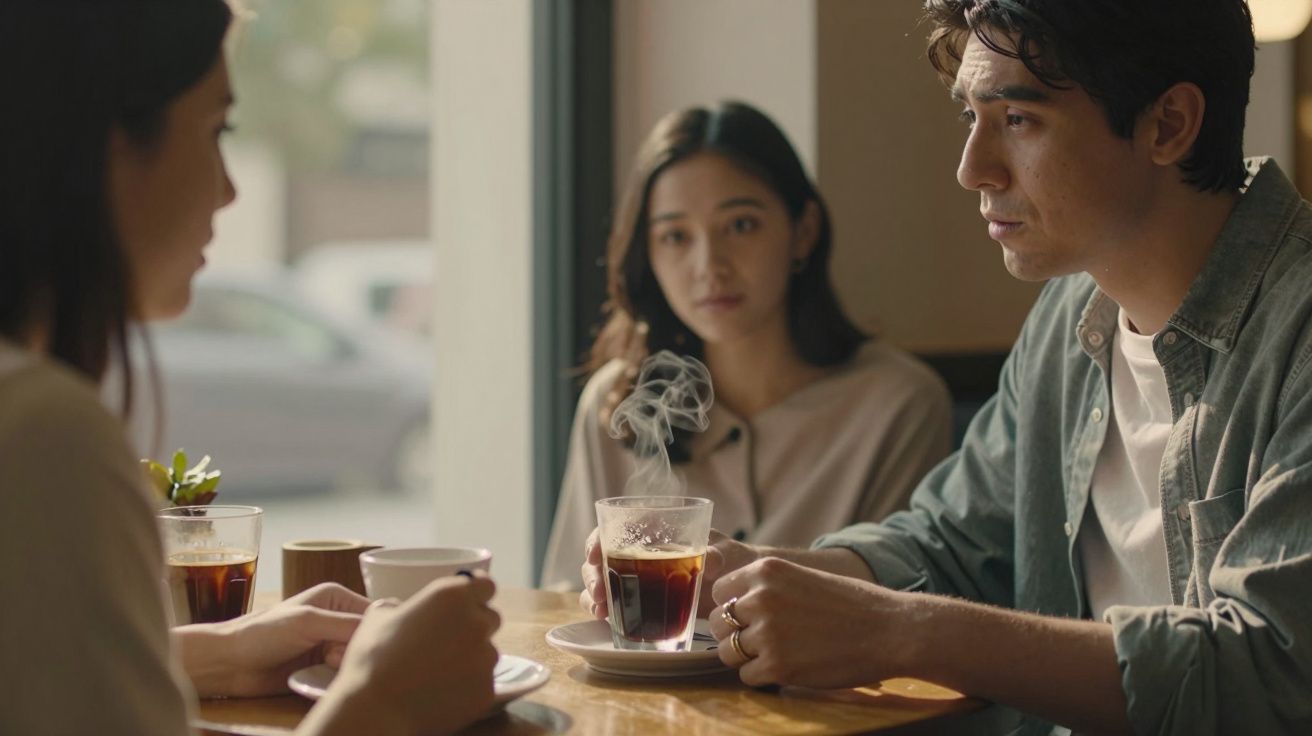 Una mujer y dos hombres sentados en un café, con tazas de café humeante sobre la mesa.