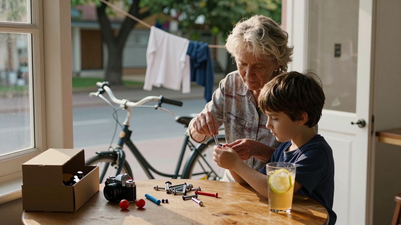 Anciana ayudando a niño a ensamblar piezas en una mesa; bici y ropa tendida afuera, cámara y bebida en el fondo.