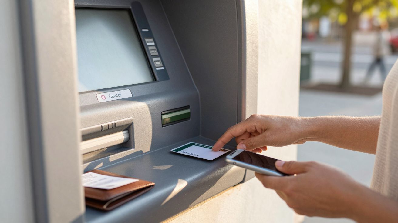 Persona usando un cajero automático con tarjeta y móvil. Hay una cartera sobre el borde del cajero.