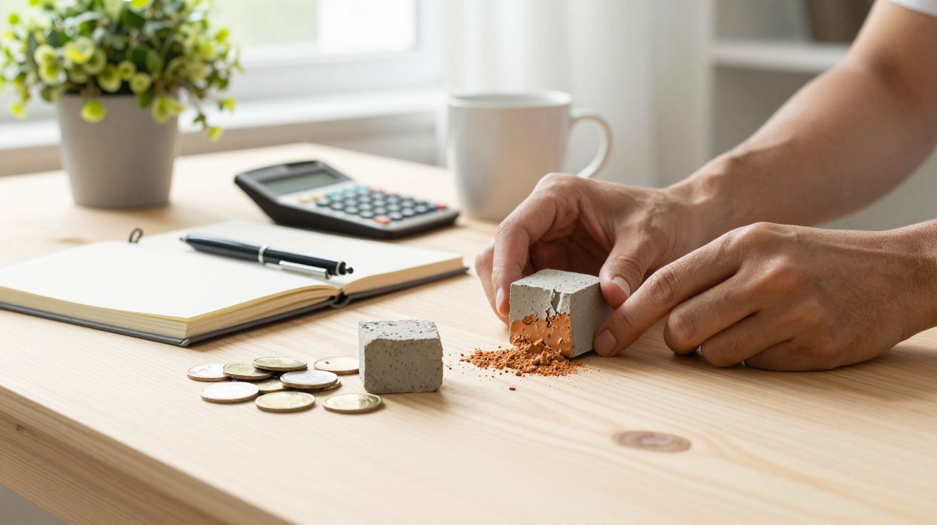 Manos rompiendo un bloque de hormigón sobre una mesa con monedas, una libreta y una calculadora cerca.