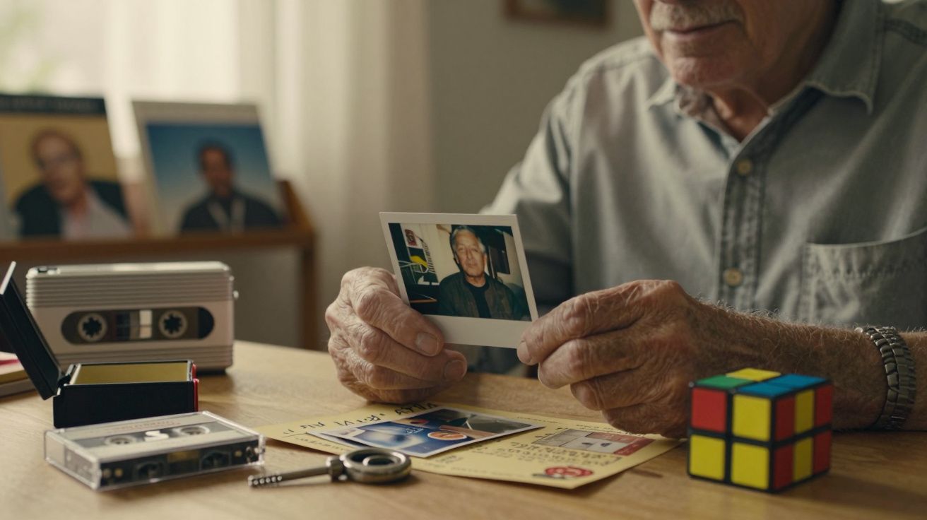 Hombre mayor sostiene una foto Polaroid en una mesa con un cubo Rubik, llaves y cintas de casete.