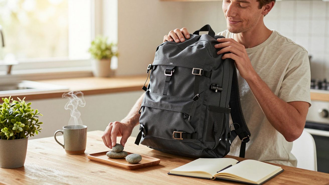Hombre sentado en cocina, sonriendo mientras organiza una mochila negra en la mesa junto a una taza y un cuaderno abierto.