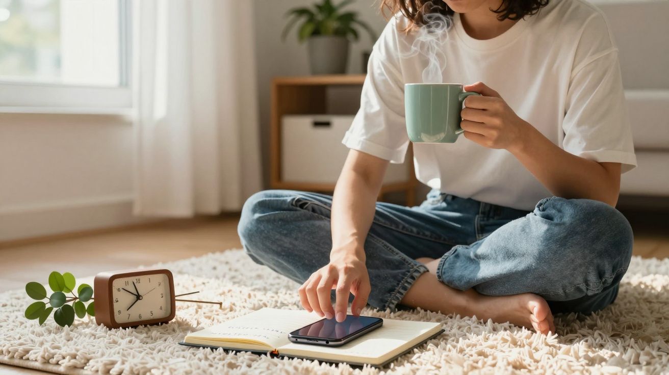 Mujer sentada en el suelo, tomando café y usando un móvil, con un libro, reloj y planta cerca.