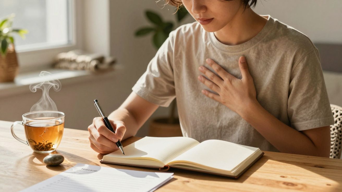 Persona escribiendo en un cuaderno con una mano en el pecho, taza de té humeante al lado, en una mesa iluminada por el sol.