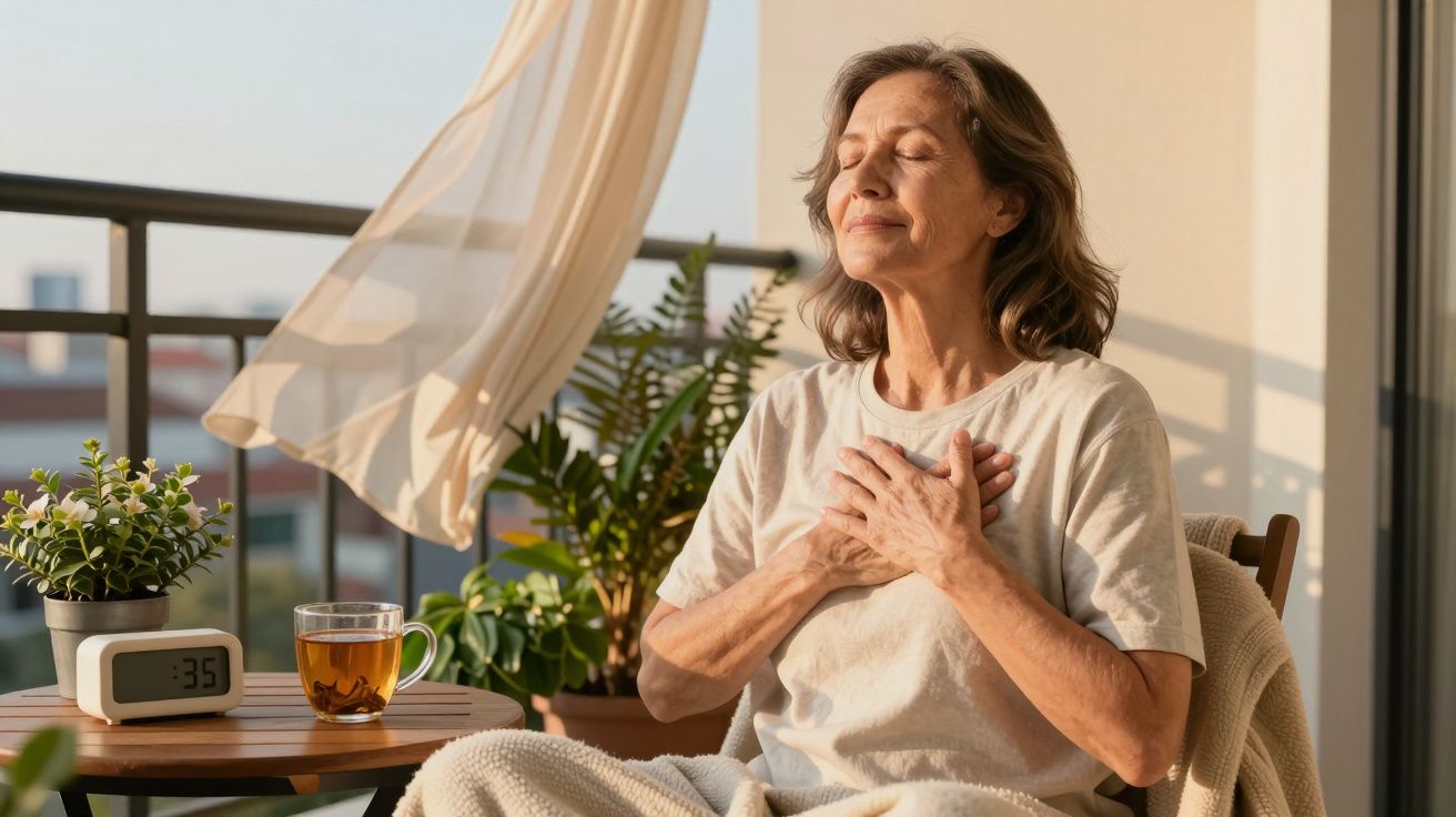 Mujer mayor meditando en un balcón soleado con plantas, una taza de té y un reloj en una mesa junto a ella.