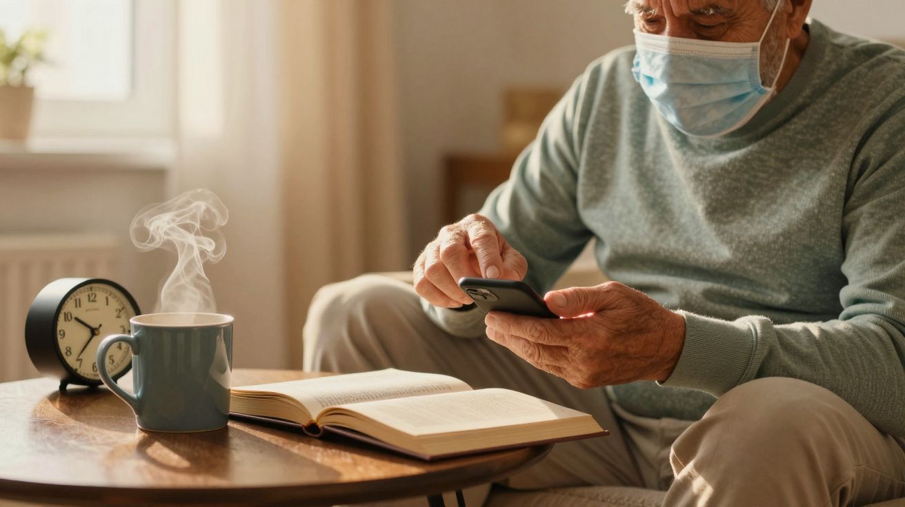 Hombre mayor con mascarilla sentado en sofá, usando móvil junto a un libro abierto, taza humeante y reloj.