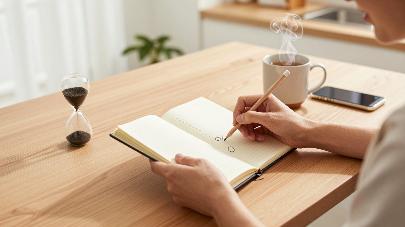 Persona escribiendo en un cuaderno sobre una mesa con un reloj de arena, un móvil y una taza de café humeante.