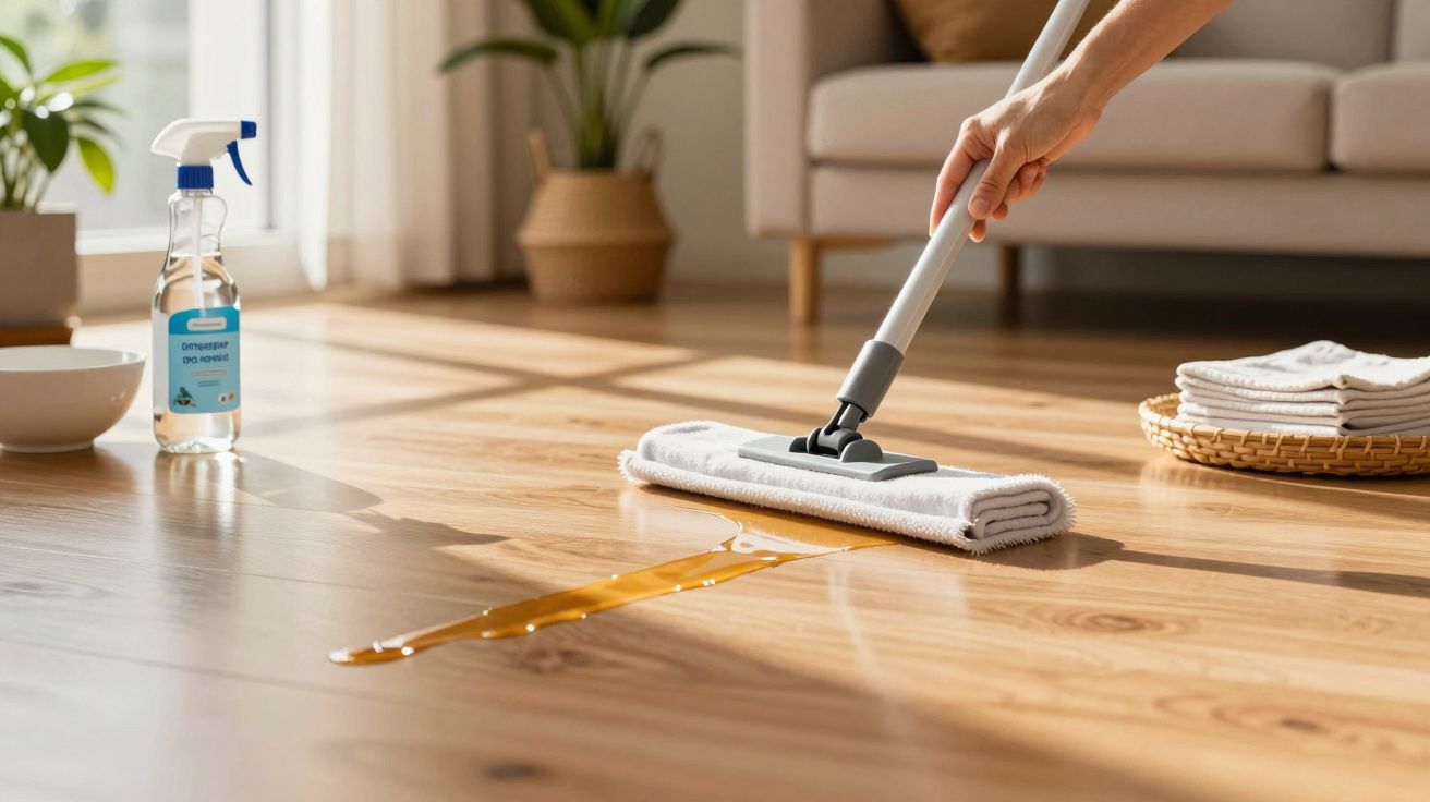 Persona limpiando un suelo de madera con una fregona, recogiendo un líquido derramado. Productos de limpieza al fondo.