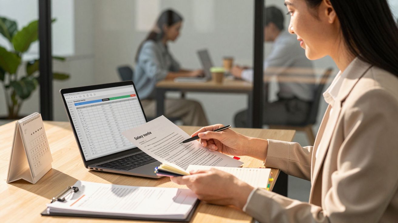 Mujer trabajando en oficina, revisando documentos frente a un portátil con hoja de cálculo, calendario y bolígrafo.