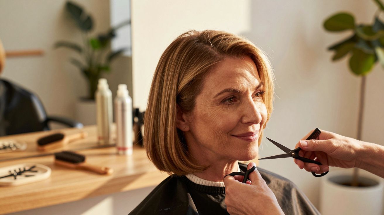 Mujer sonriente en peluquería recibiendo un corte de pelo.