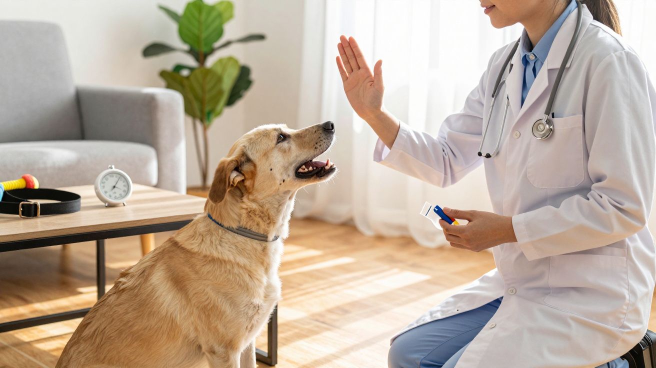 Veterinaria con bata blanca interactúa con perro en una sala iluminada. Hay una planta, reloj y juguetes en mesa cercana.