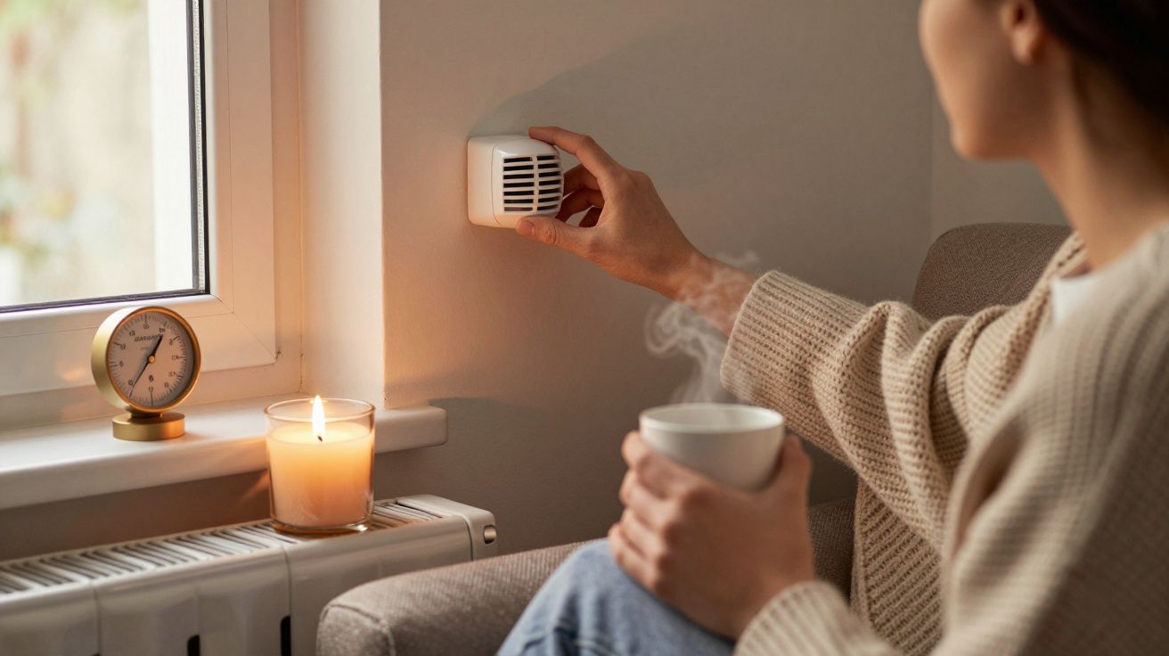 Mujer ajustando termostato en sala acogedora con vela y taza de bebida caliente.