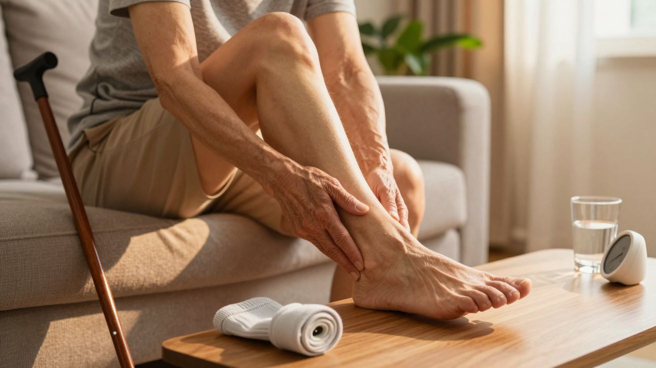 Persona con bastón sentada en sofá masajeando su pierna. Hay un vaso de agua y una venda sobre la mesa de madera.