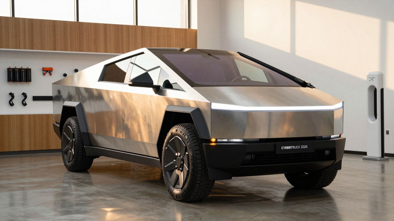 Camioneta futurista plateada en un garaje moderno, con diseño geométrico y ruedas negras.