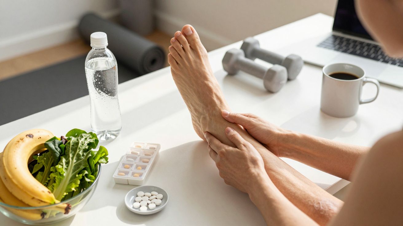 Persona masajeando su pie en una mesa con comida saludable, agua, pastillas, pesas y un ordenador portátil.