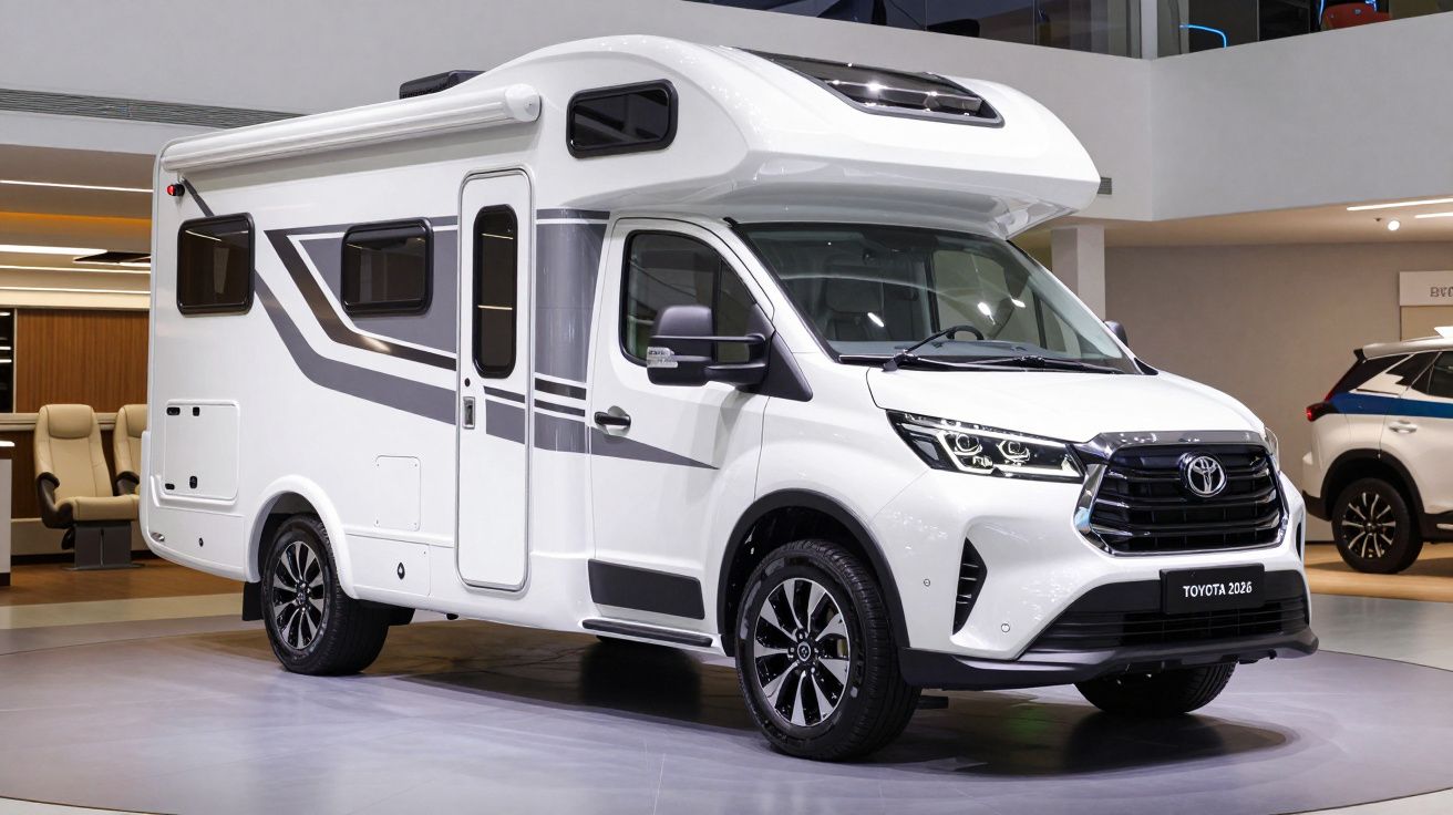 Autocaravana blanca expuesta en un salón de automóviles, con diseño moderno y detalles en gris.
