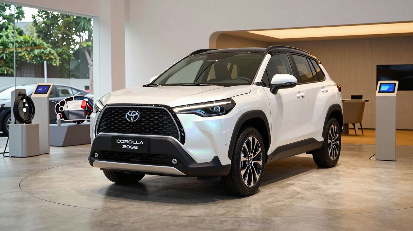 Coche blanco estilo SUV en exposición interior moderna, marca Toyota, modelo Corolla.