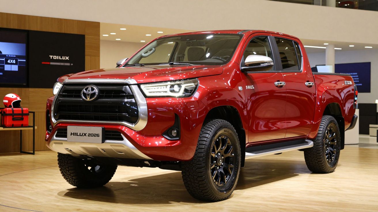 Camioneta roja expuesta en un showroom, con diseño moderno y llantas grandes.