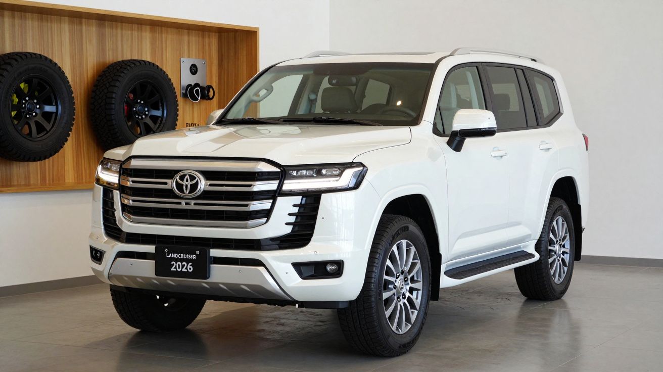Todoterreno blanco Toyota Land Cruiser 2026 en exposición, con llantas de repuesto en la pared.