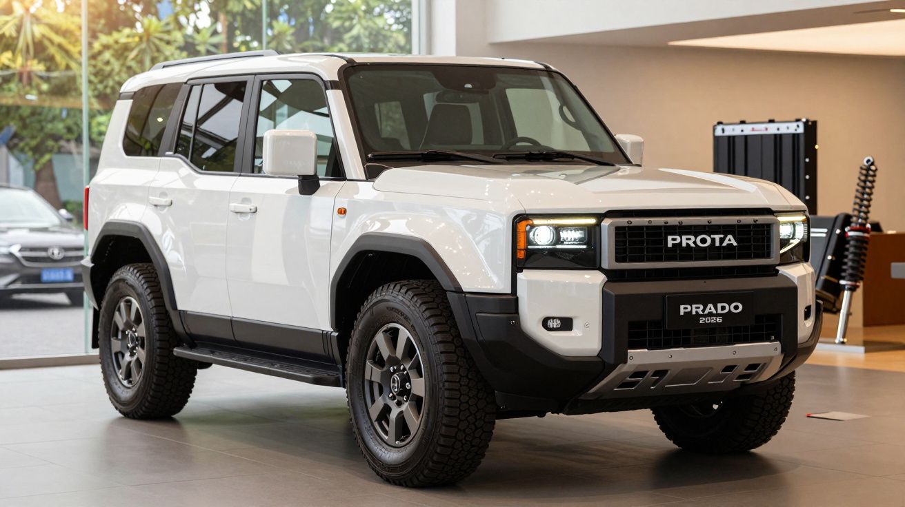 SUV blanca exhibida en un concesionario con estilo robusto y moderno, luces LED delanteras y neumáticos todoterreno.