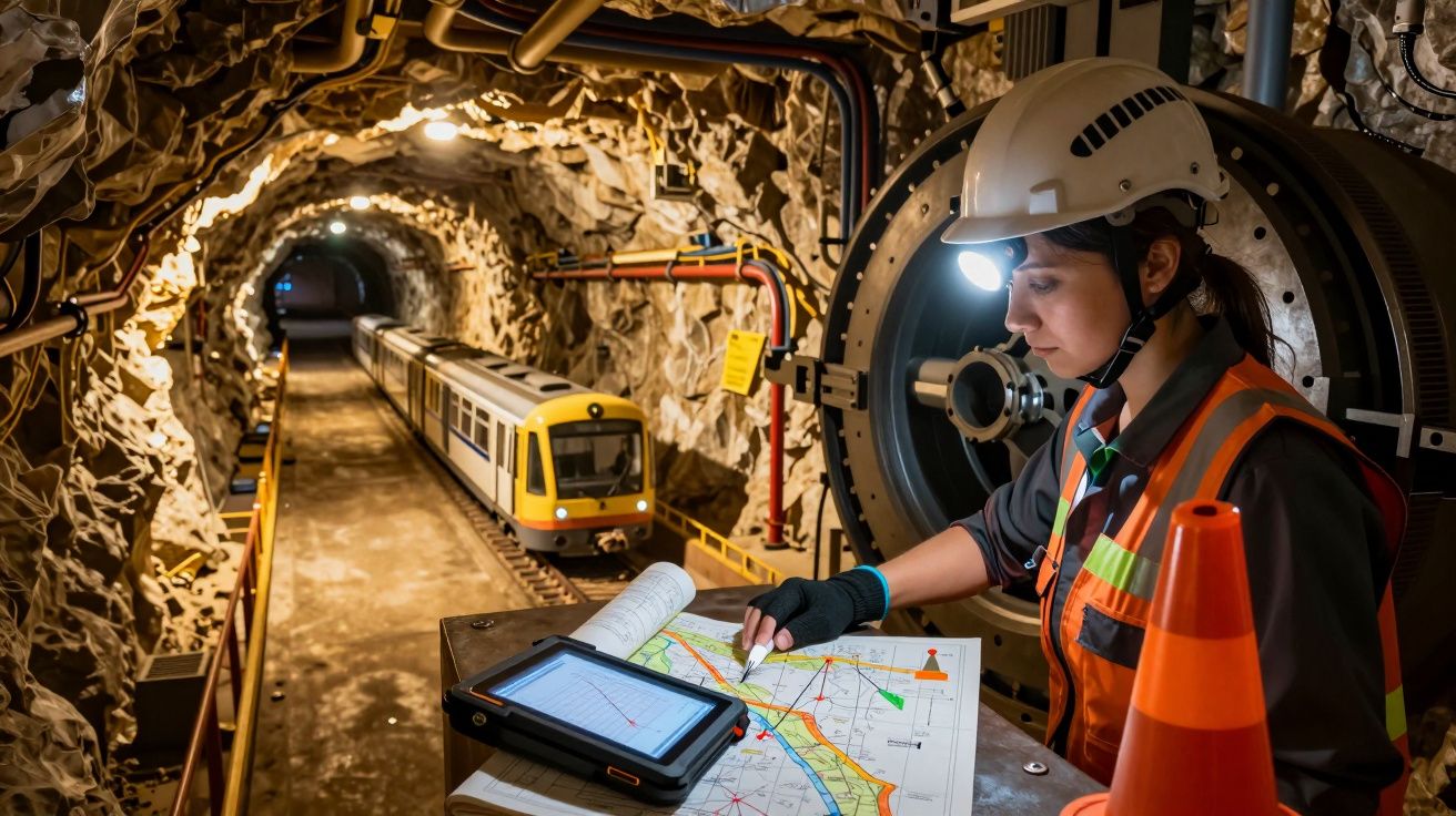 Trabajadora con casco revisa planos en túnel subterráneo, mientras un tren se aproxima por las vías al fondo.