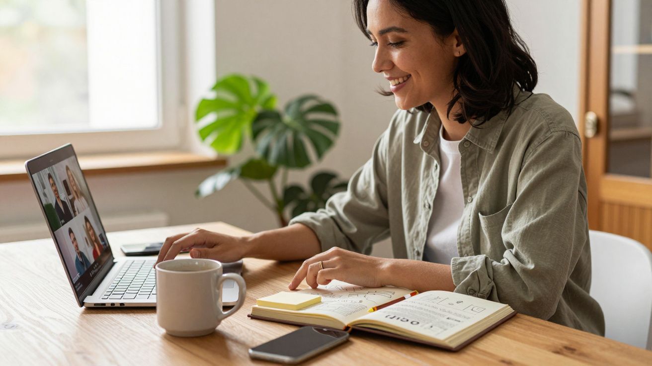Mujer sonriente en videollamada en el portátil, tomando notas en un cuaderno. Taza y móvil sobre la mesa.