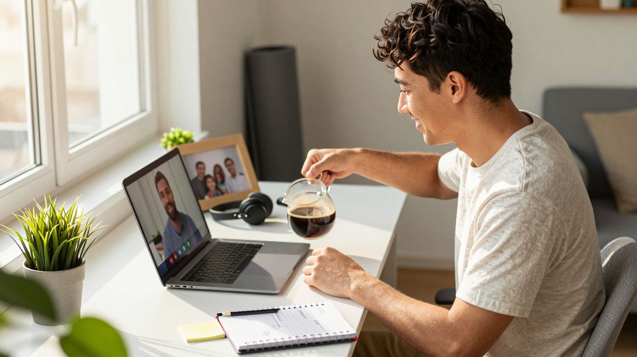 Hombre en videollamada, sentado en escritorio con portátil, cuaderno y auriculares, sirviendo café de una taza de vidrio.