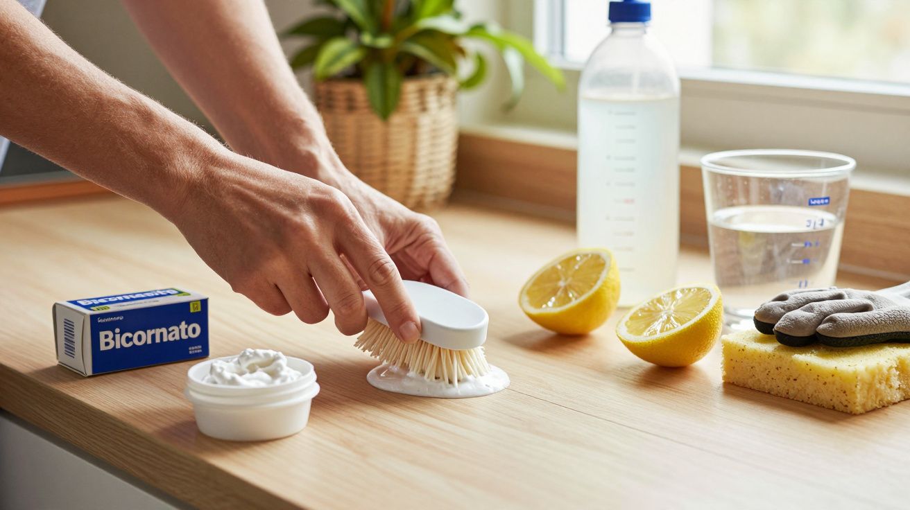 Manos limpiando con cepillo y bicarbonato. Limón partido, agua y guantes sobre la mesa. Frasco de vinagre al fondo.