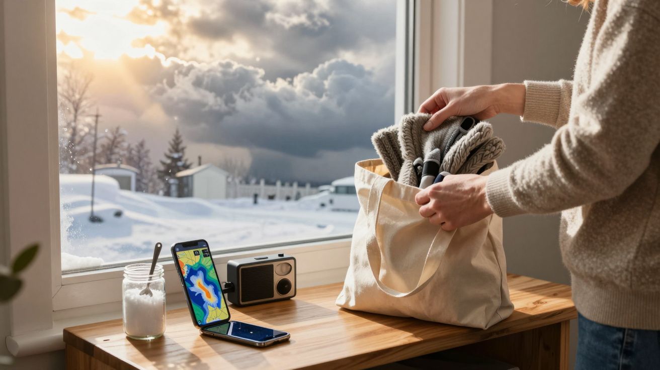 Mujer empacando ropa de invierno en una bolsa junto a ventana nevada; en la mesa, un móvil y una cámara.