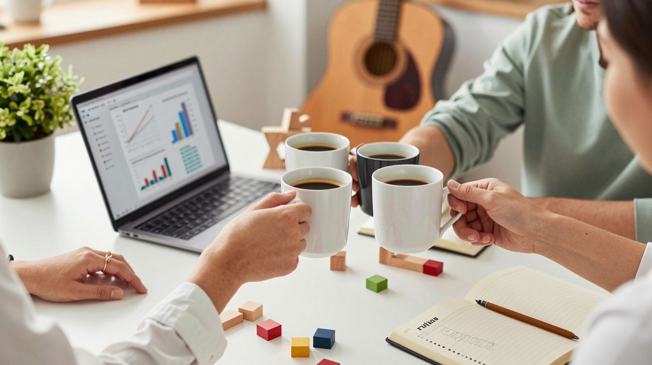 Tres personas brindan con tazas de café frente a un portátil con gráficos, en un ambiente de oficina relajado.