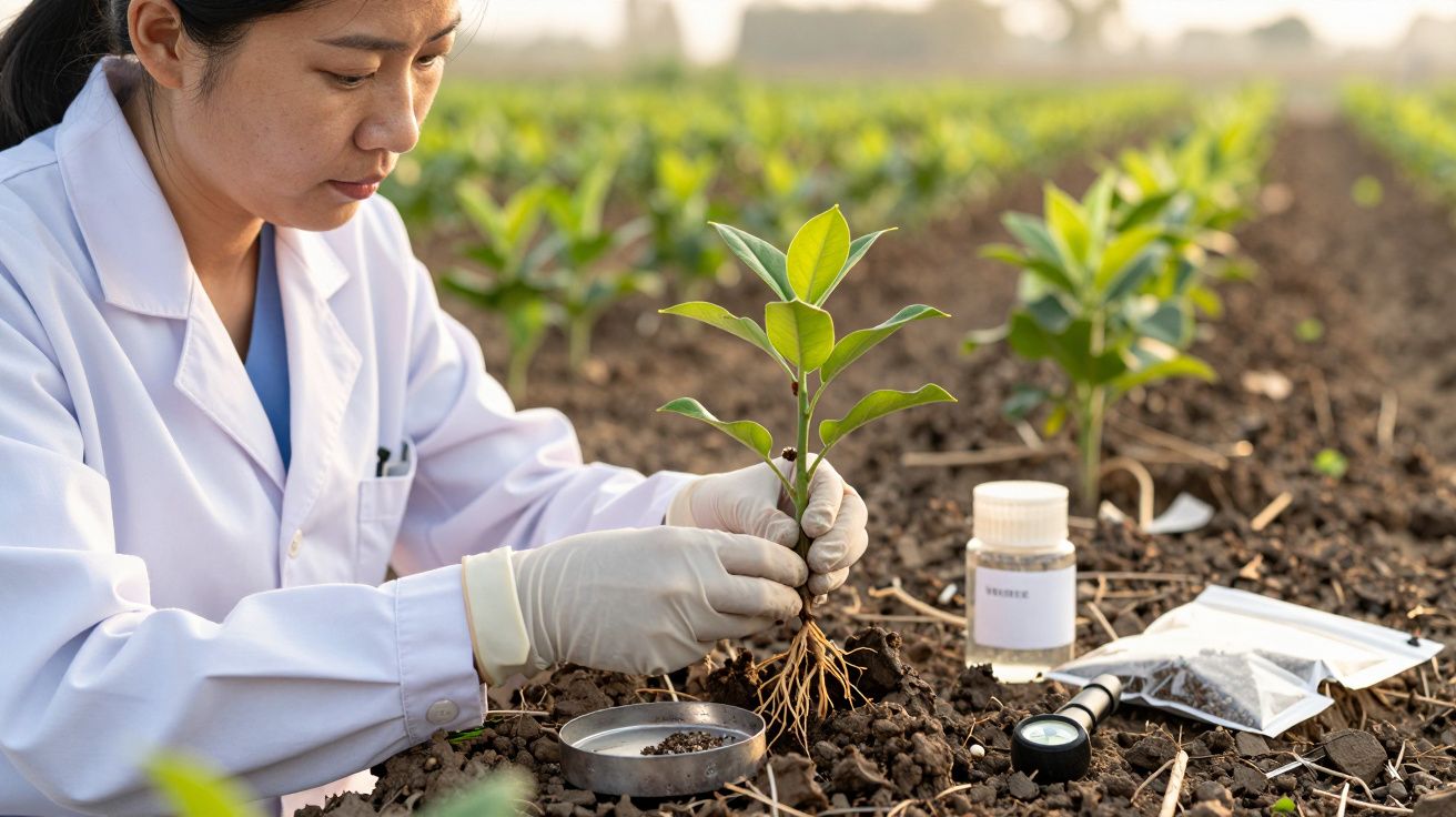 Científica plantando un brote en un campo, usando guantes y bata blanca, con equipo de análisis de suelo.
