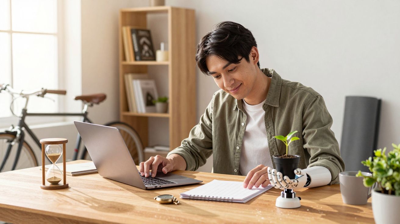 Hombre sonriente trabajando en un portátil en una mesa, con una maceta sostenida por una mano robótica al lado.