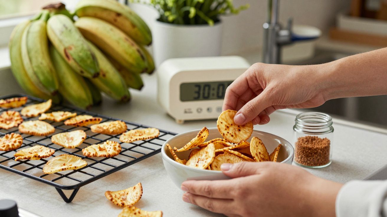 Manos colocando chips de plátano en un bol en la cocina, con plátanos y un temporizador en el fondo.