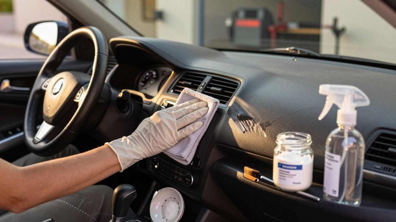 Persona limpiando el salpicadero del coche con guante y paño, junto a productos de limpieza y spray en el asiento.