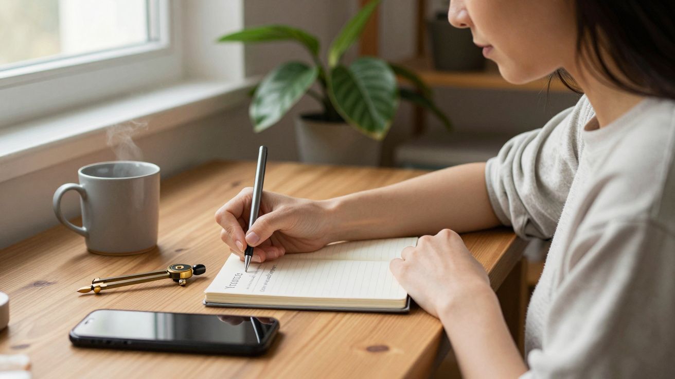 Persona escribiendo en un cuaderno sobre una mesa, junto a una taza de café, un móvil y una planta.