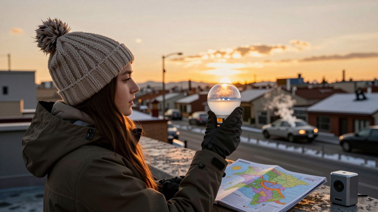 Mujer con gorro observa una esfera de cristal al atardecer, junto a un mapa, sobre una azotea en una ciudad nevada.
