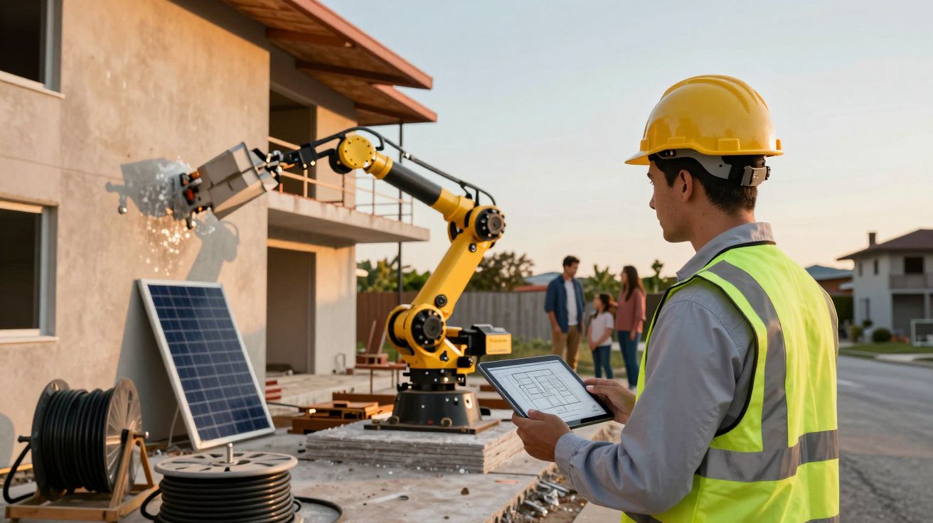 Trabajador con casco y tablet supervisa brazo robótico en obra, junto a panel solar.