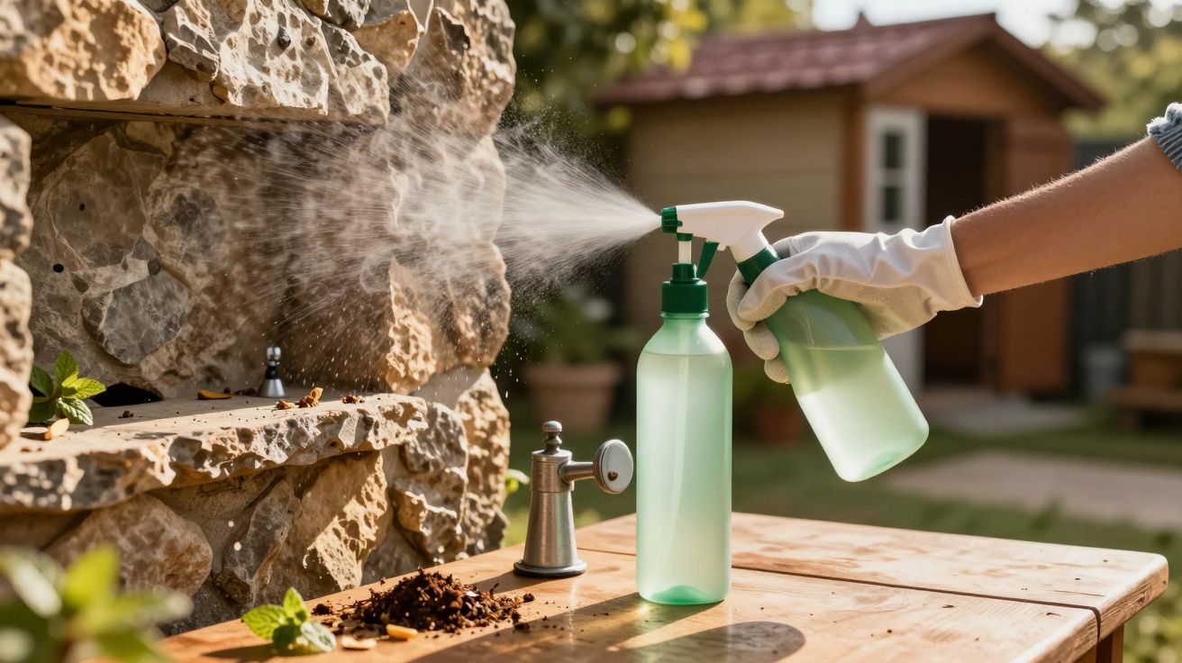 Mano con guante rociando piedra con botella pulverizadora en jardín, cerca de mesa y pequeña estructura de madera al fondo.