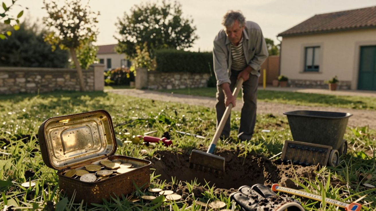Hombre cavando en un jardín, desenterrando una caja llena de monedas doradas junto a herramientas de jardín.