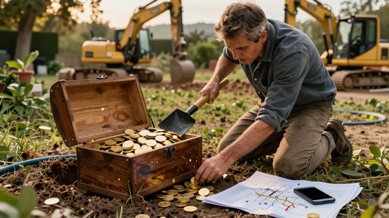 Hombre excavando un tesoro de monedas de oro con una pala junto a una caja abierta, planos y un móvil en el suelo.