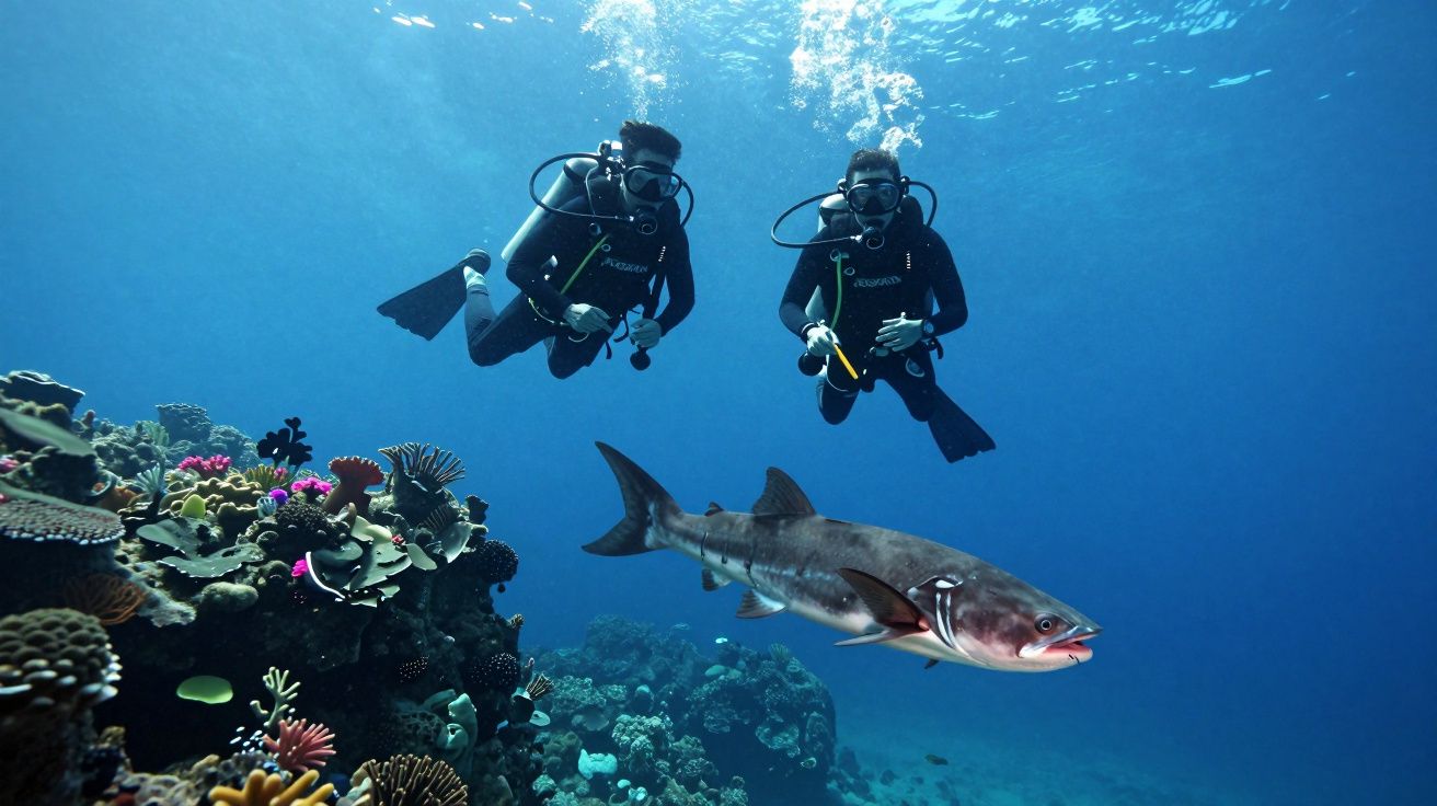 Dos buceadores nadan cerca de un arrecife de coral bajo el agua, acompañados por un pez grande.