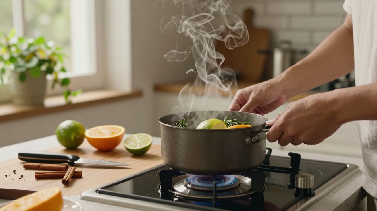 Persona cocinando en una cocina, hirviendo frutas cítricas en una olla sobre un fogón, con utensilios y especias alrededor.
