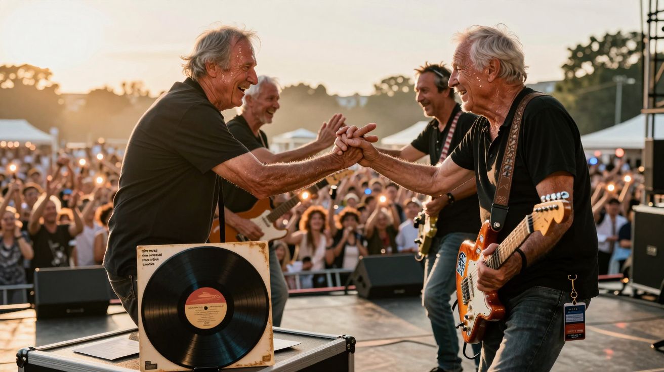 Músicos se saludan en un concierto al aire libre al atardecer, rodeados de público, con un disco de vinilo en primer plano.