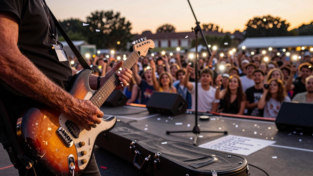 Guitarrista tocando en un concierto al aire libre al atardecer, con una multitud emocionada de fondo.