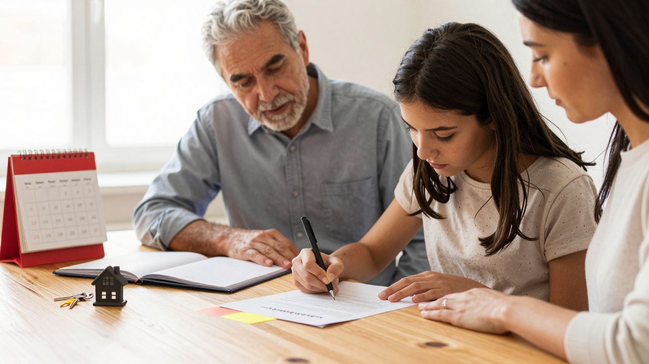 Niña escribiendo en un papel junto a dos adultos en una mesa de madera, con un calendario y una libreta abiertos.