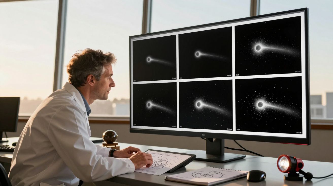 Científico observando imágenes de un cometa en pantalla grande mientras toma notas en su libreta.