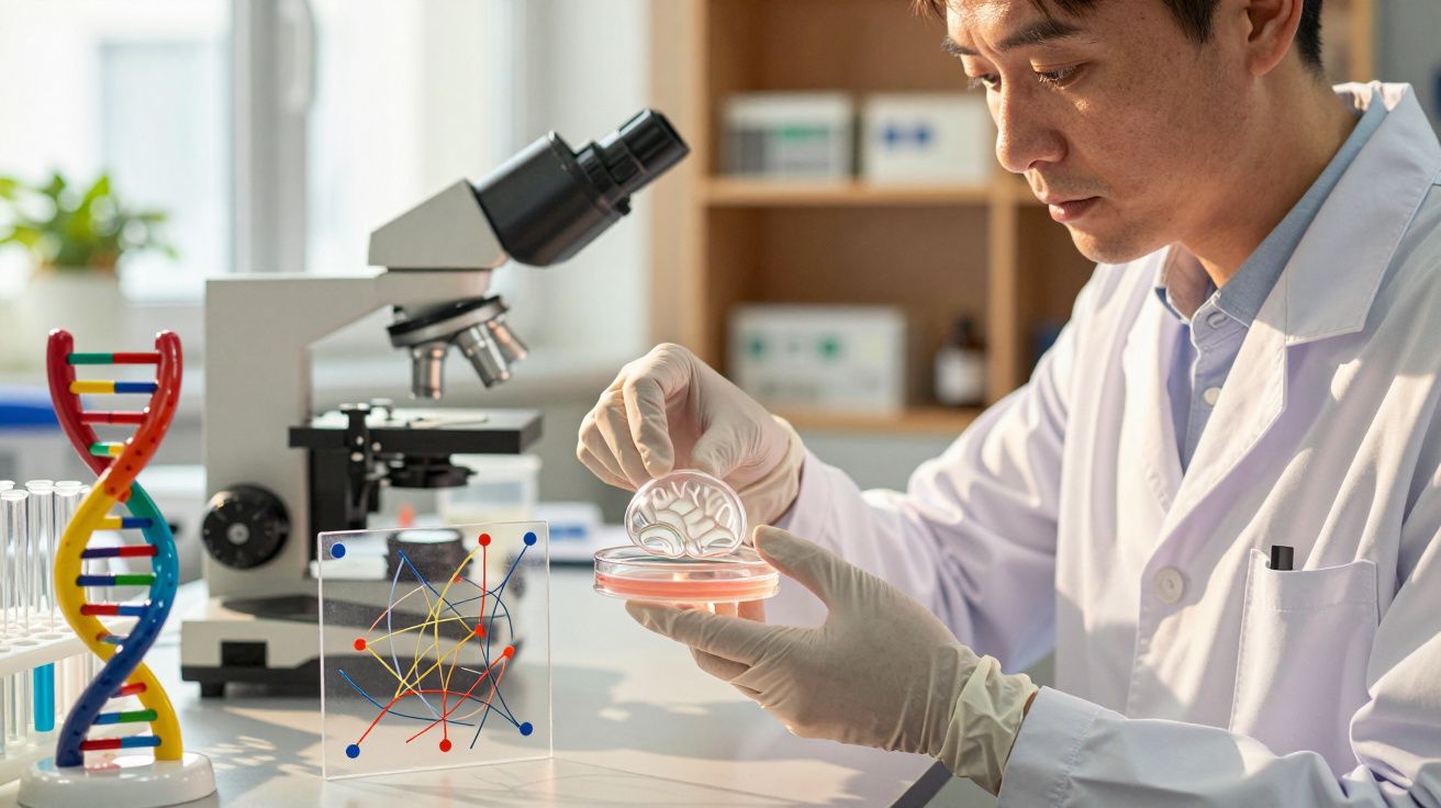 Científico en laboratorio, examinando una muestra en una placa de Petri junto a un microscopio y modelos de ADN.