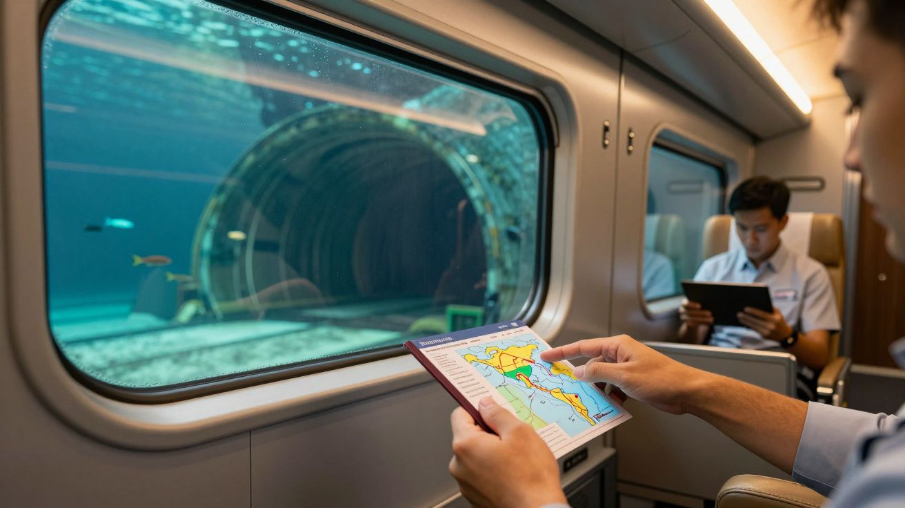 Pasajeros en tren submarino observan un túnel acuático. Uno lee un mapa mientras el otro usa una tableta.