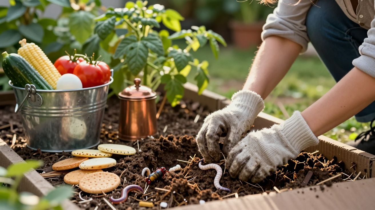 Persona jardinera plantando con guantes, rodeada de verduras y herramientas en un huerto.